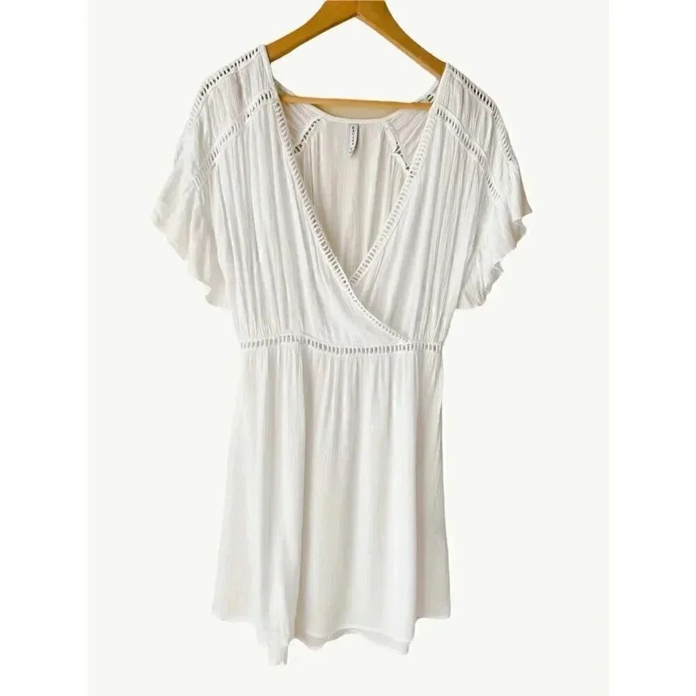 Raviya White Boho V-Neck Short Sleeves Womens Mini Dress SZ Small